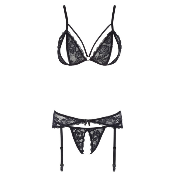 Ensemble trois pièces avec soutien-gorge fendu, porte-jarretelles et string noir 